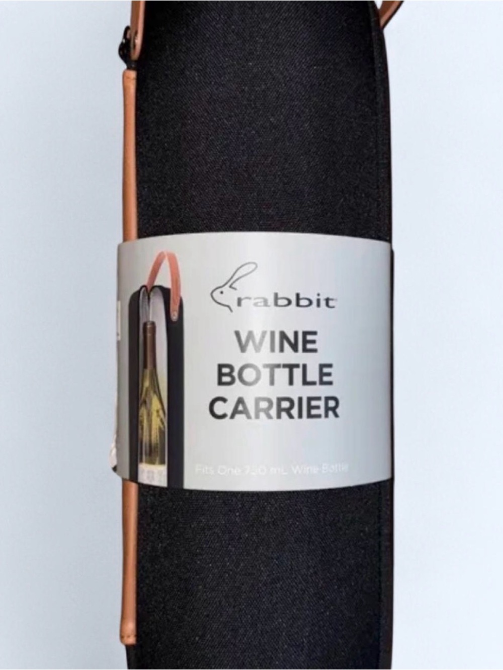 rabbit Black Wine Bottle Carrier with Brown Strap